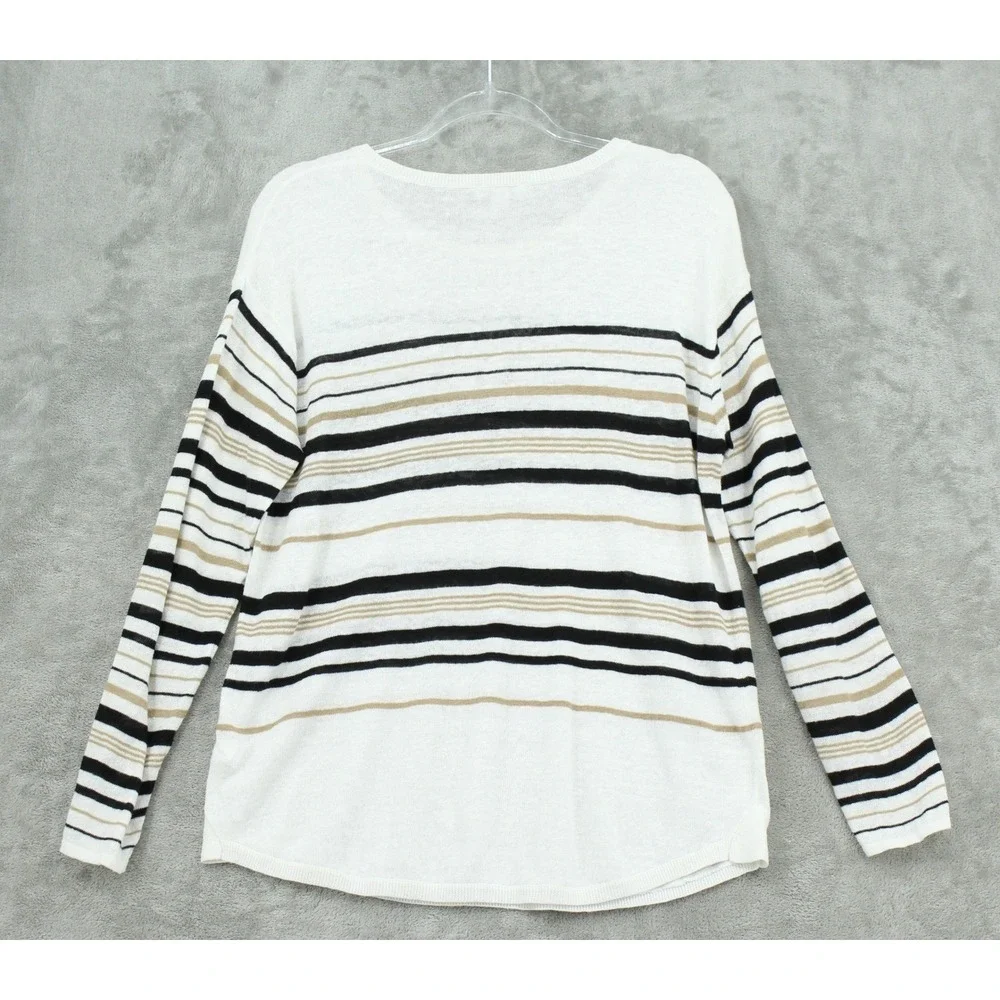 J Jill Sweater‎ Womens Medium Linen Blend Striped Lightweight Knit Preppy White